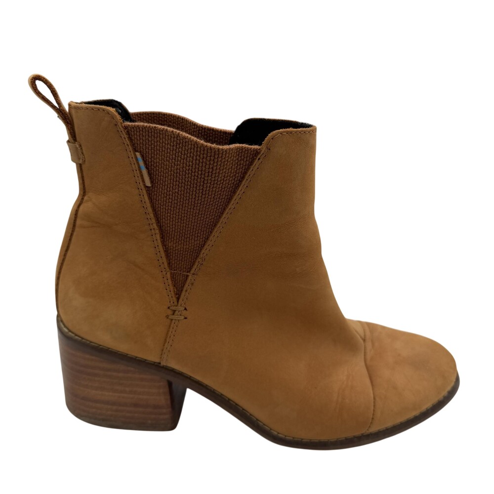 TOMS Boots Womens Size 8 Brown Leather Chelsea Ankle Block Heel Pull On